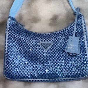 Prada Satin Crystal Mini Re-Edition 2000 Bag Celeste